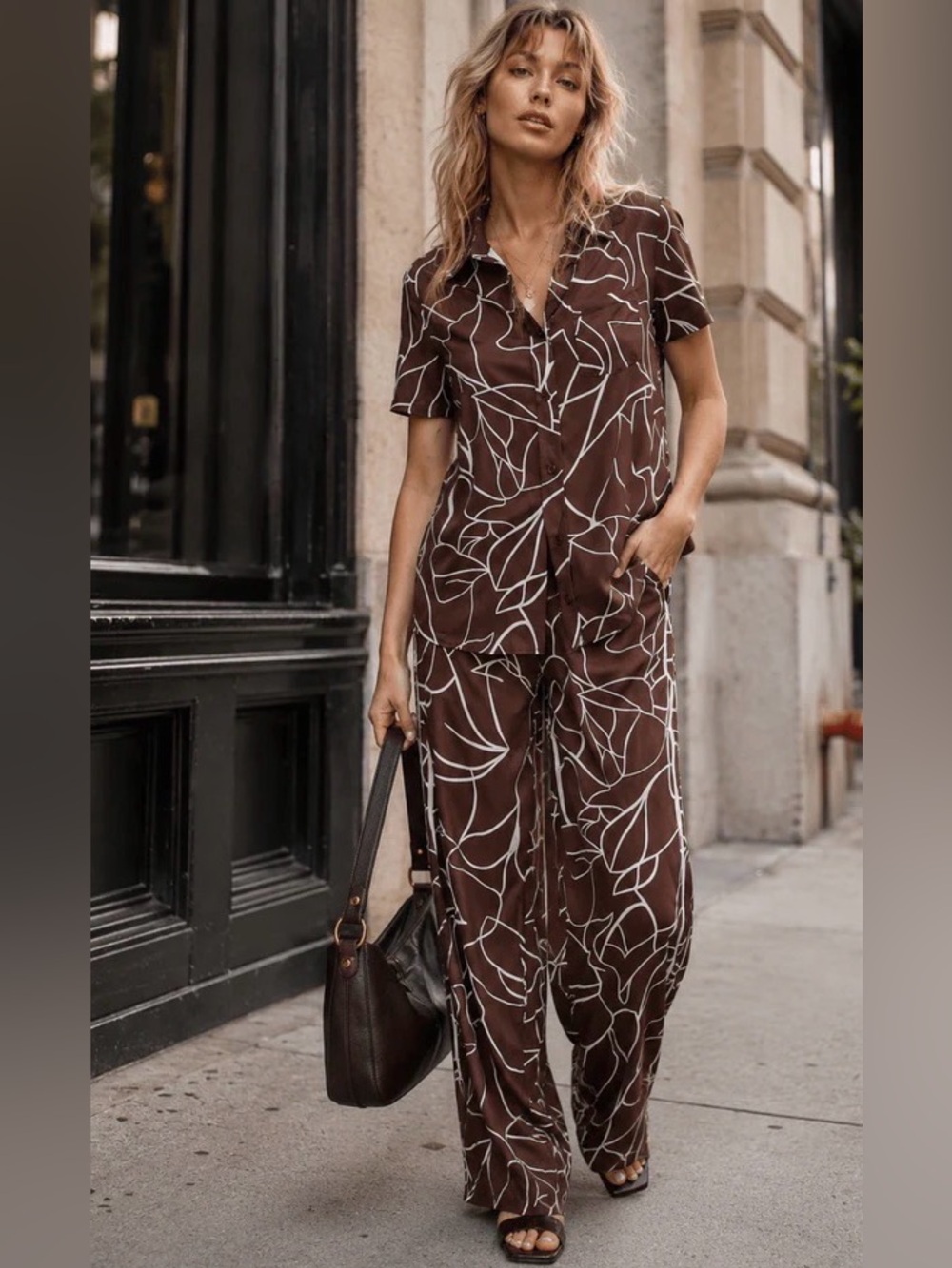 0235.  💜Brown Printed Wide-Leg Two Piece Pant Set